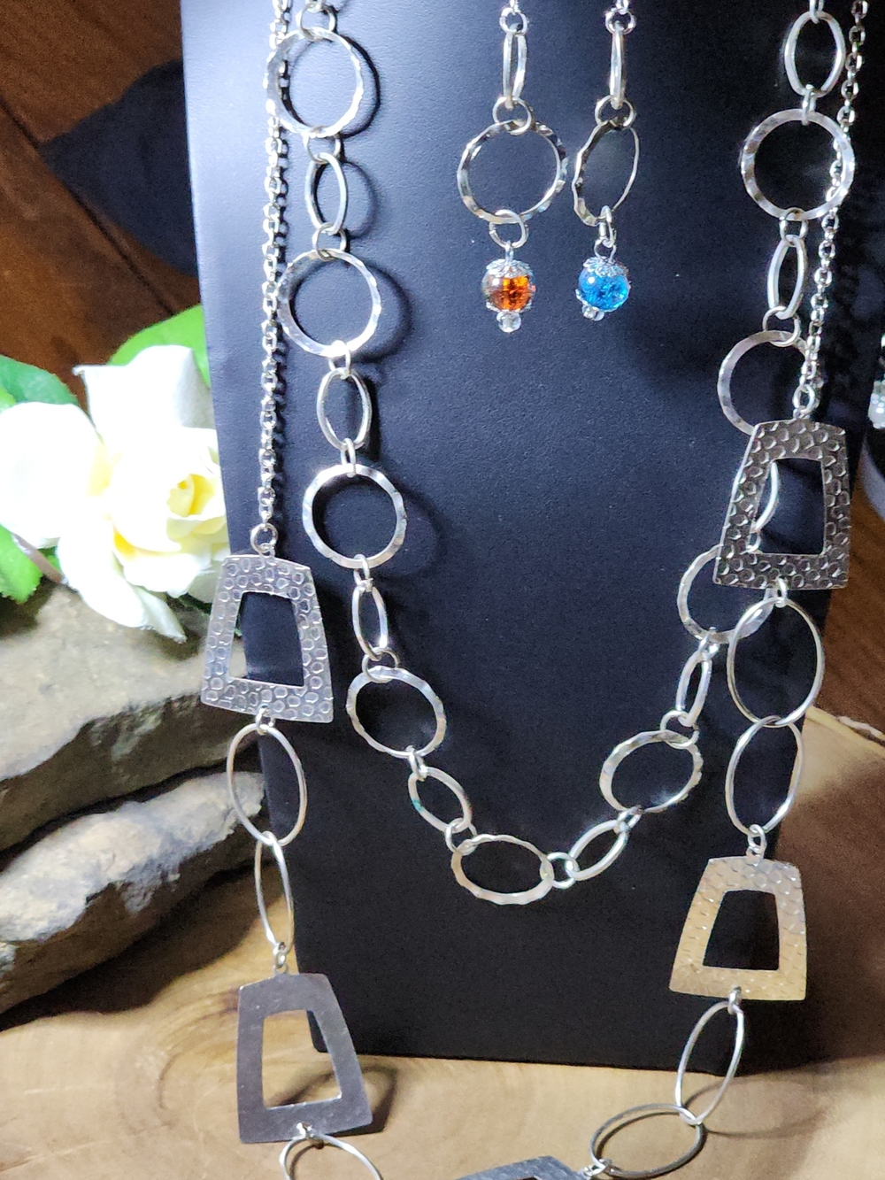2 Silver Toned Multi-Shape Link Necklaces with Blue and Orange Accent Earrings